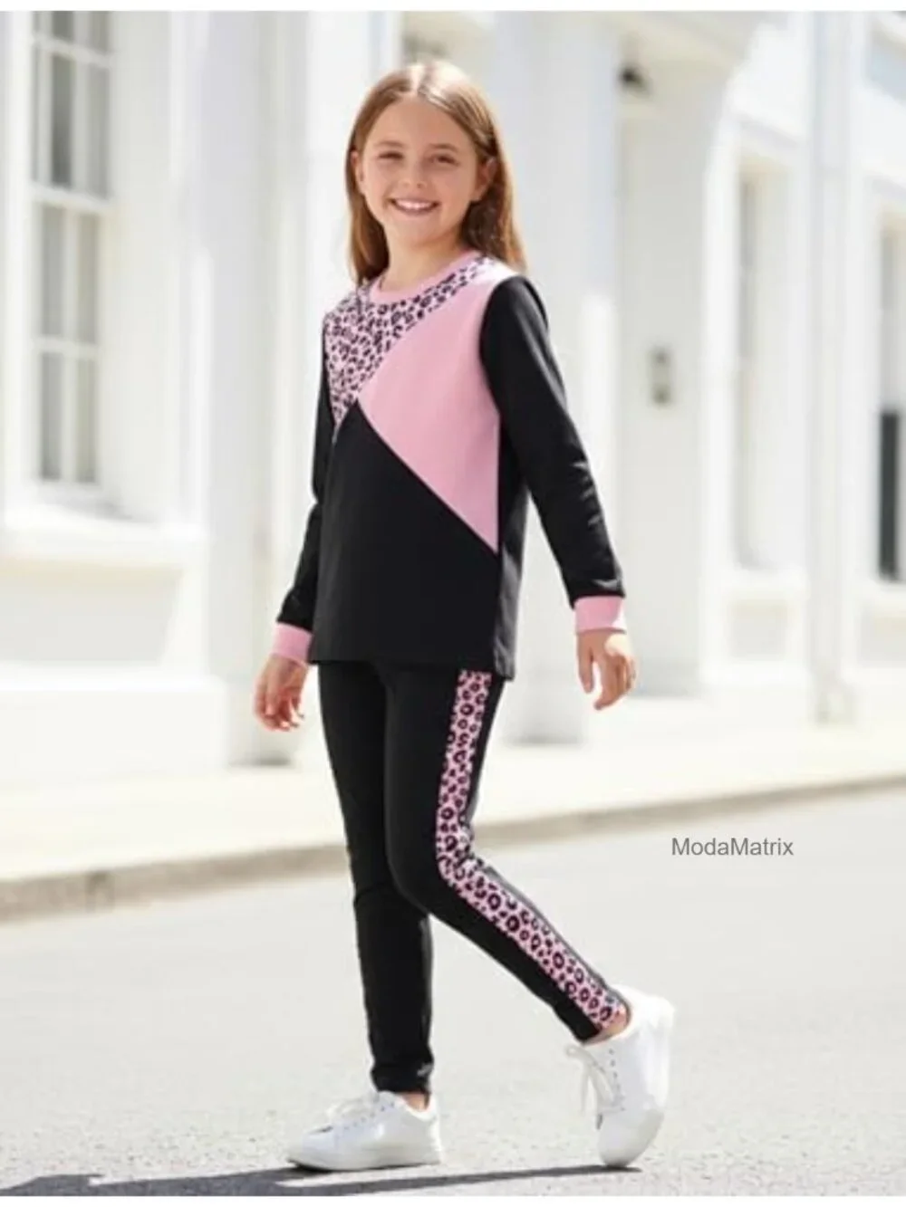Girls Leopard Color Block Sweatshirt and Leggings Set